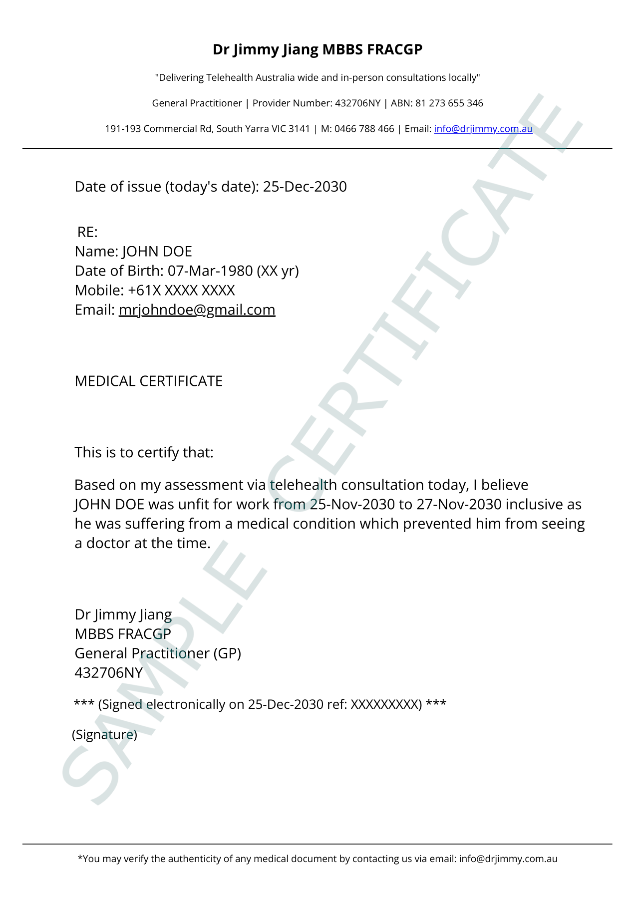 A sample of a Backdated Medical Certificate issued by Dr Jimmy