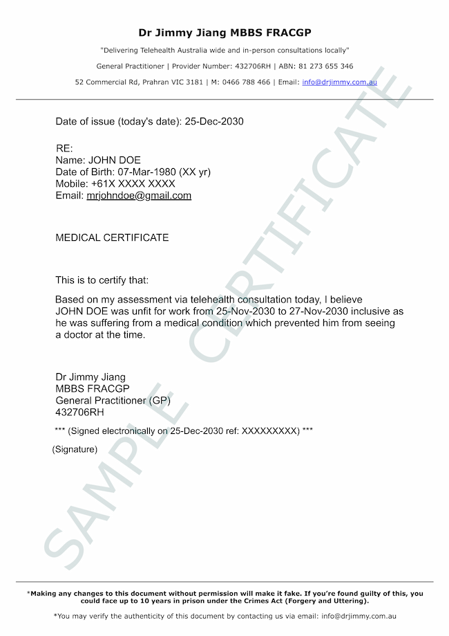 A sample of a Backdated Medical Certificate issued by Dr Jimmy