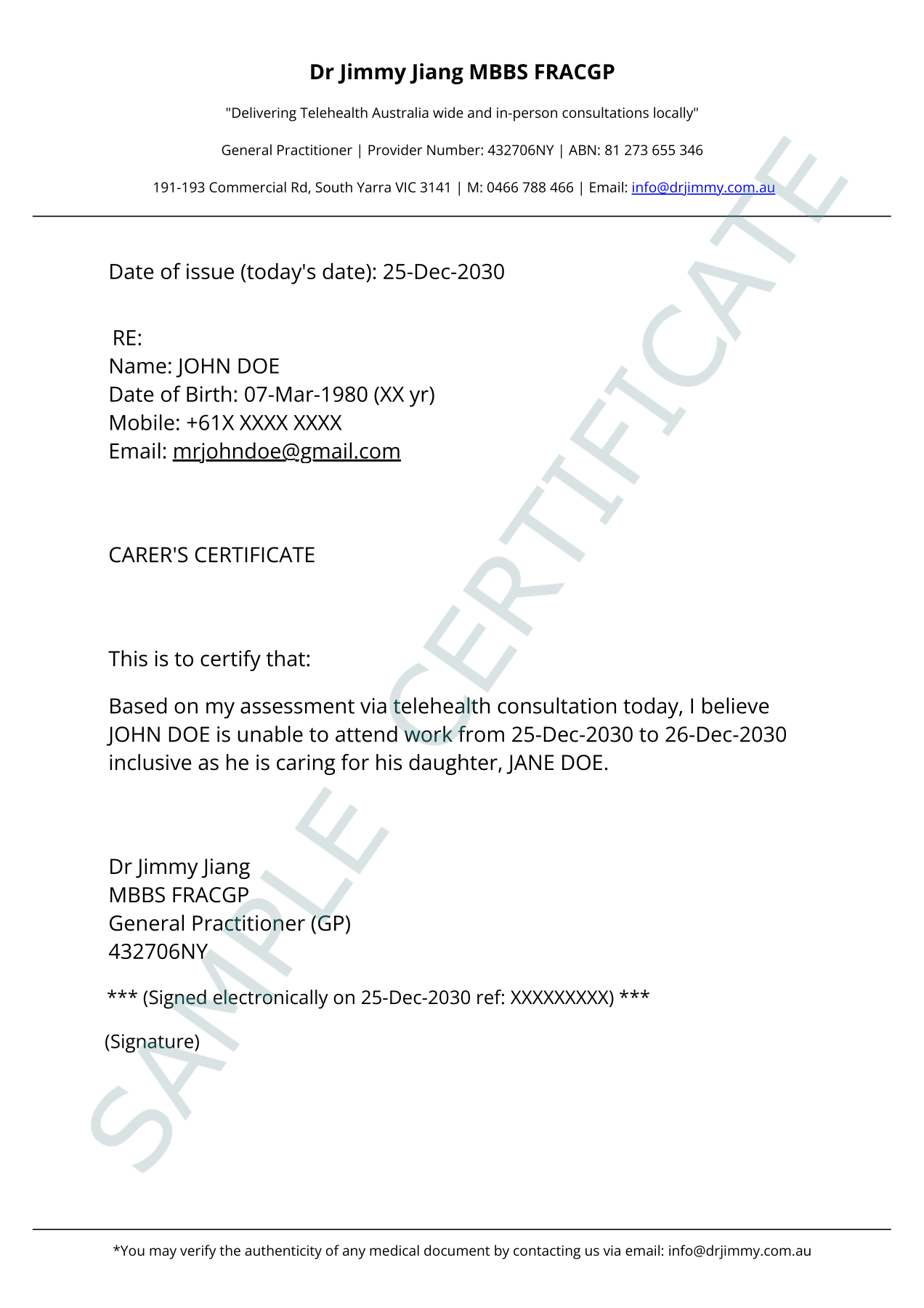 A sample of a Carer's Certificate issued by Dr Jimmy