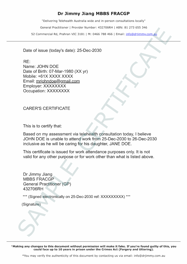 A sample of a Carer's Certificate issued by Dr Jimmy