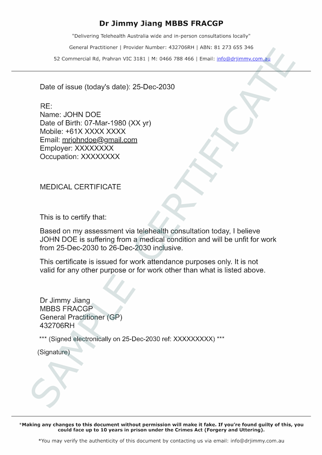 A sample of a Medical Certificate issued by Dr Jimmy
